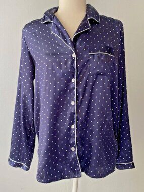 Pink K Satin Polka Dot Pajama Top Coquette Sleepwear Navy Blue & White Size S